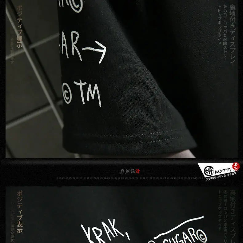 Men's Sweater Retro Mock Two-Piece Hooded Korean Hip Hop Print Sweatshirt Loose Hoodie Male Fleece Padded Jacket