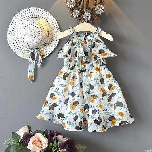 Girls Dress + Hat Chiffon Comfortable Children's Dress 2024 Summer Dress Floral Girls' Sleeveless Dress For Children 2PCS/Set