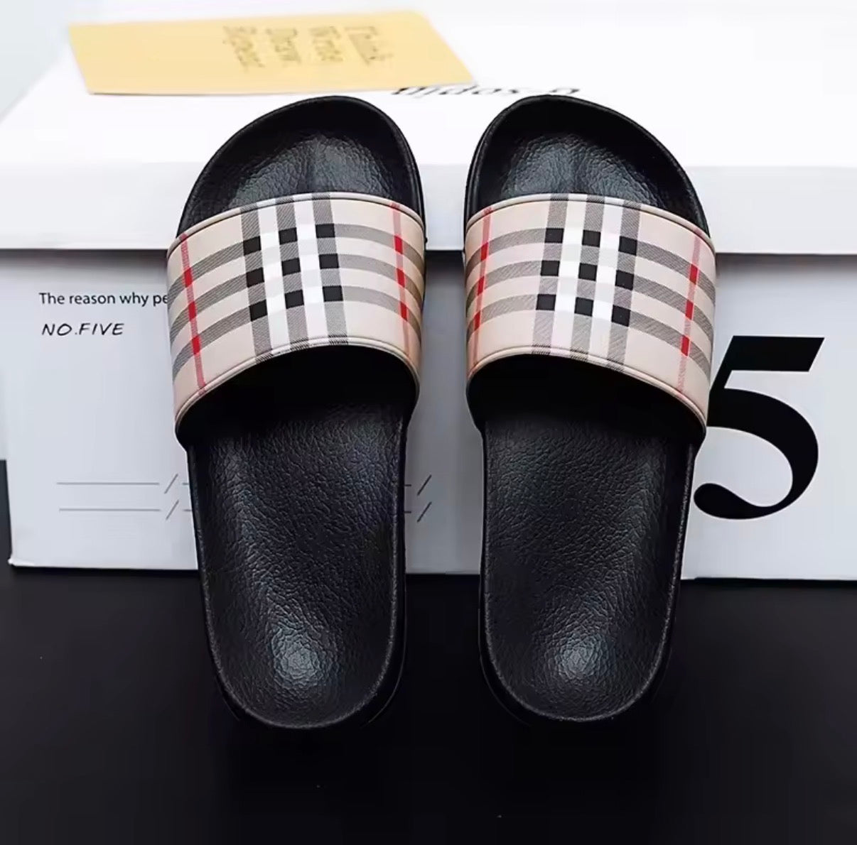 Men’s khaki slide sandals with plaid strap, product photo (IMG_3018)