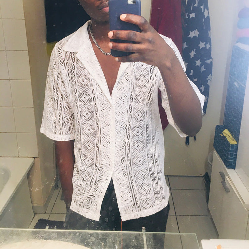 Camisa de encaje transparente de verano para hombre.