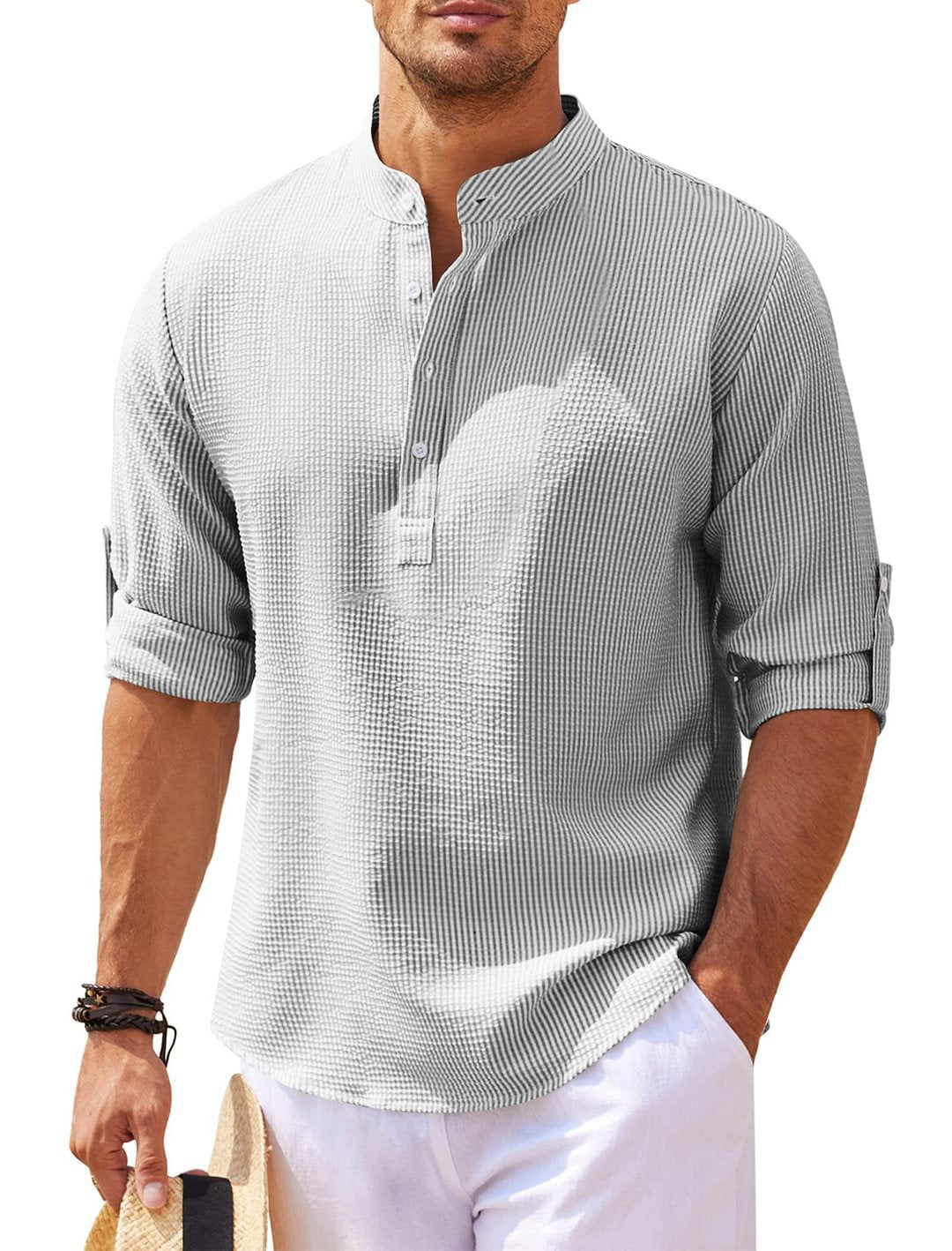 Stand Collar Button Shirt Summer Pineapple Texture Shirt Casual Top Men's Clothing in