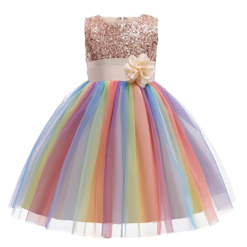 2025 Sequins Girls Dress Summer Flower Fashion Rainbow Mesh Little Princess Dresses For Piano Performance Costume Kids Clothes