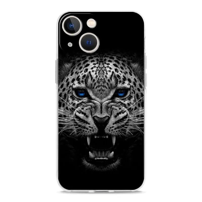 Luxury Transparent Phone Case For iPhone 15 14 13 12 11 Pro Max XS X XR 7 8 Plus Clear Cover Black Cheetah Tiger Lion Animals
