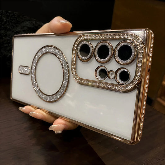 Transparent Plating Glitter Rhinestones Diamond for Magsafe Magnetic Case for Samsung S24 S23 S22 Ultra Plus Soft Silicone Cover