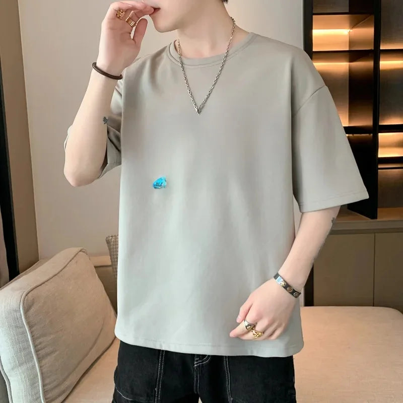 2025 Summer New Men's Short Sleeve T-Shirt Hong Kong Style Loose Fit Versatile Ice Silk Thin Clothing Youth Trendy