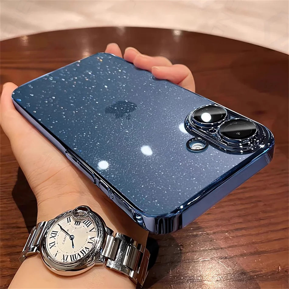 Luxury Bling Glitter Clear Slim Case For iPhone 16 15 14 13 12 Pro Max Shockproof Plating Bumper Desert Gold Transparent Cover