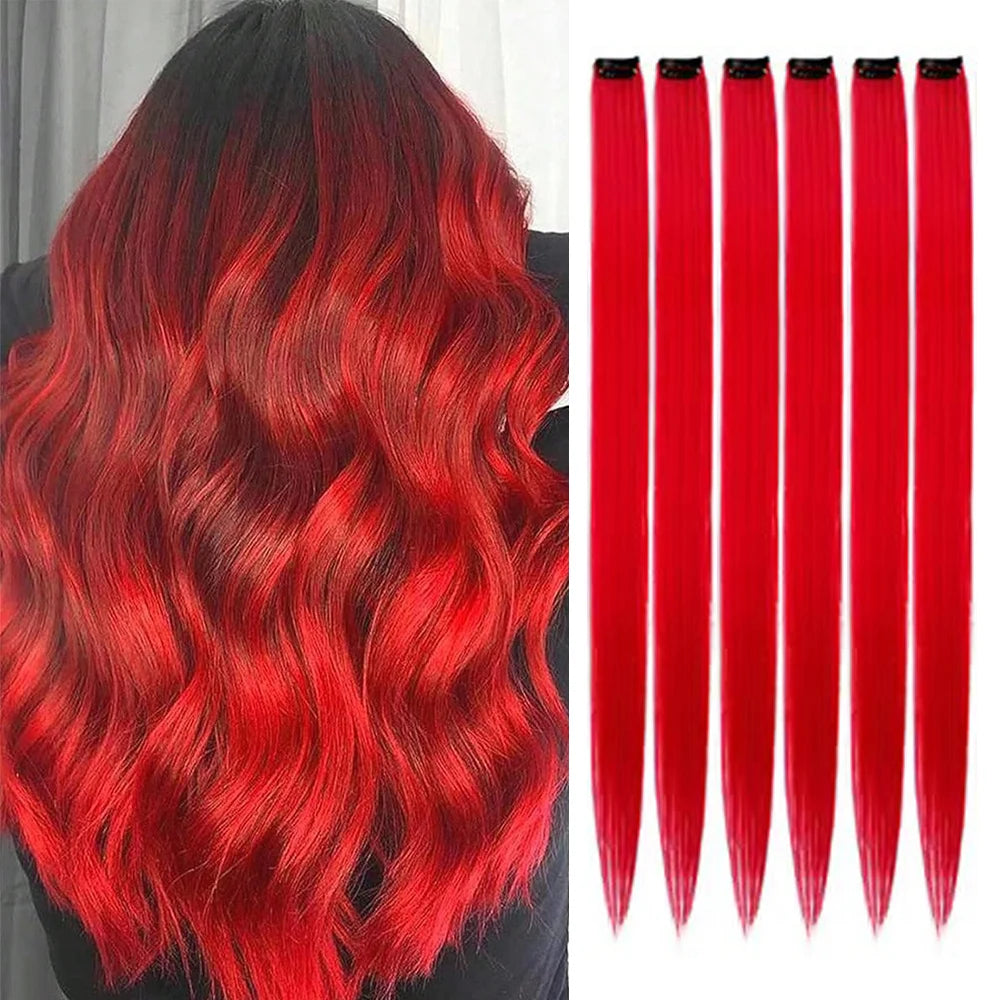 Clip in Hair Extensions 6pcs/pack Colored Party Highlights 22 inches Multi-colors Straight Hair Synthetic Hairpieces Purple Pink