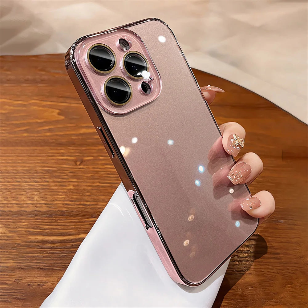 Luxury Plating Bumper Armor Glossy Phone Case For iPhone 15 16 Pro Max 14 13 12 11 Crystal Glass Full Lens Protection Back Cover