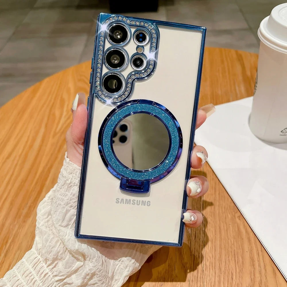 For Samsung S24 S25 Ultra Mirror Magsafe Case for Samsung Galaxy S23 S22 Ultra Plus A16 A06 A55 A54 Luxury Diamond Plating Cover