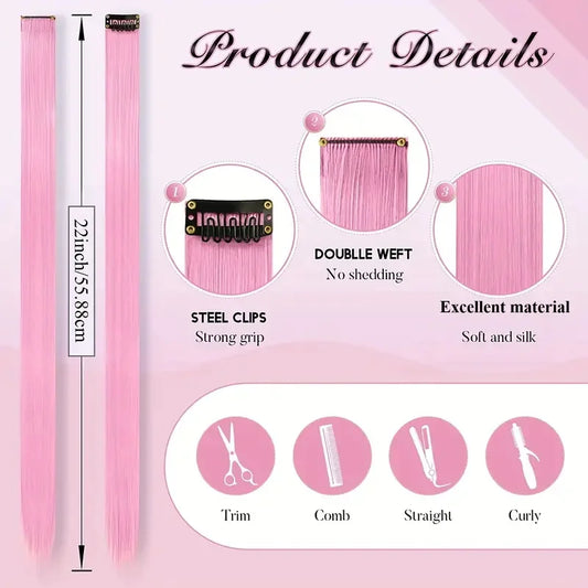 22Inch Colored Party Synthetic Clip in Hair Extensions for Girls Multi-colors Long Straight Hair Rainbow Hairpieces