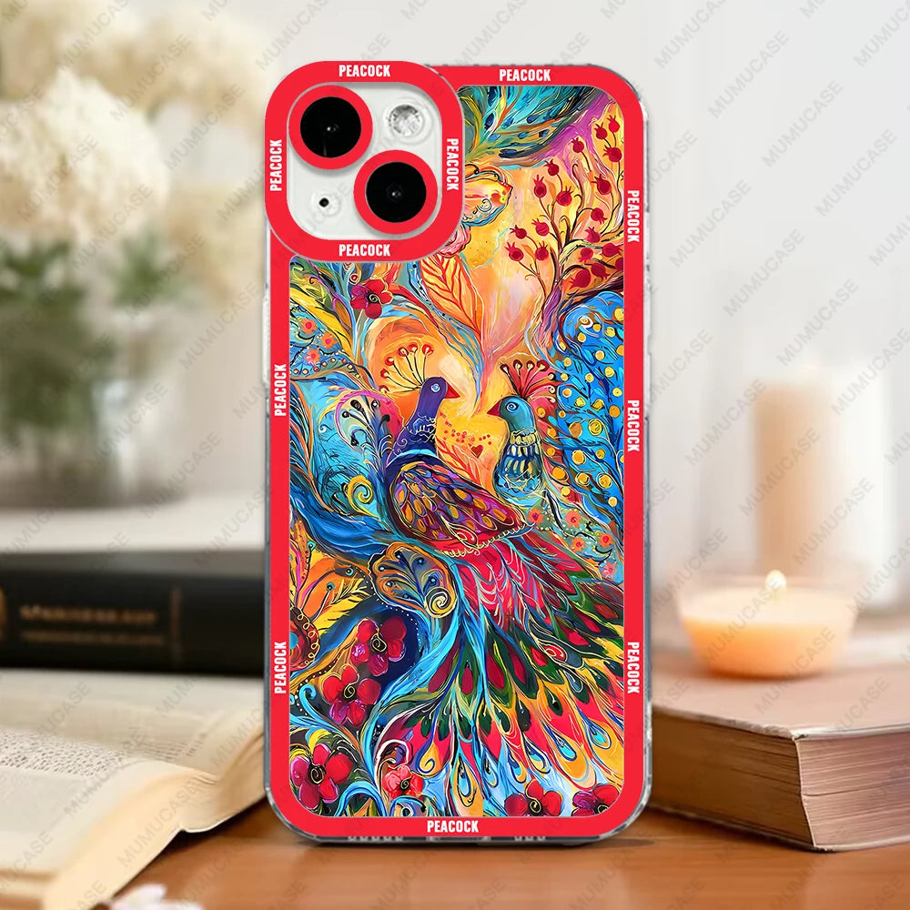 Case For iPhone 16 15 14 13 Pro Max 12 Mini 11 XS X XR SE 7 8 Plus Soft Cover Peacock Pattern
