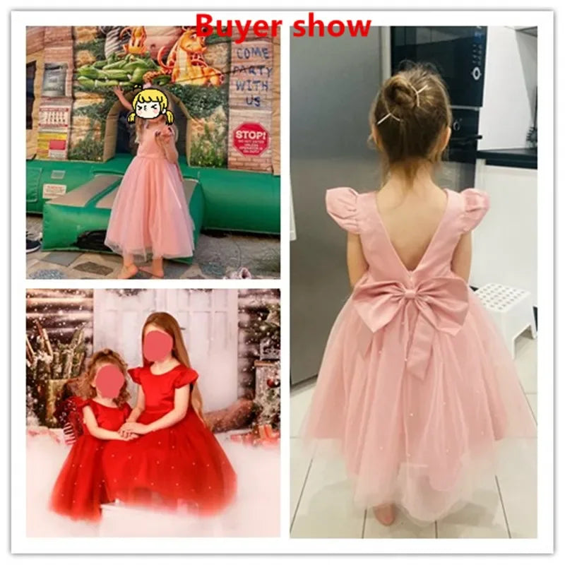 Toddler Girl Flower Birthday Tulle Dress Backless Bow Dressing Gown Kids Party Wear Princess Pink Dress Baby Girl Bowknot Dress
