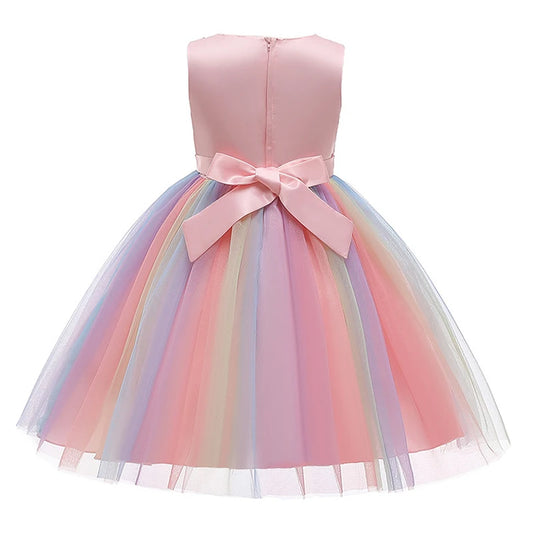 2025 Sequins Girls Dress Summer Flower Fashion Rainbow Mesh Little Princess Dresses For Piano Performance Costume Kids Clothes