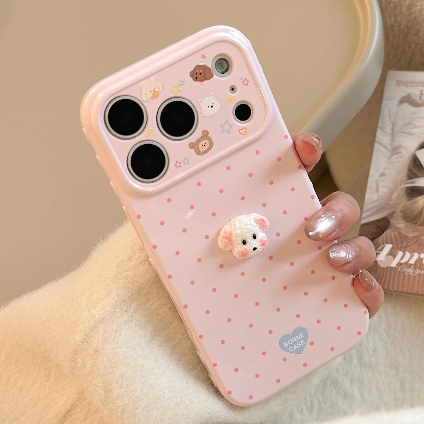 Korean Polka Dots 3D Cartoon Puppy Phone Case For iPhone 17 16 15 14 13 12 Pro Max Candy Colors Shockproof Protective Soft Cover