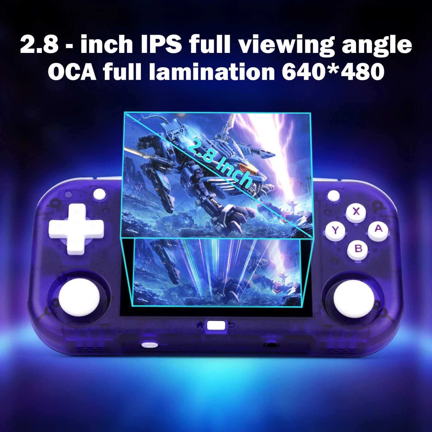 Handheld gaming console with 2.8-inch IPS screen displaying a robot graphic on a dark background.