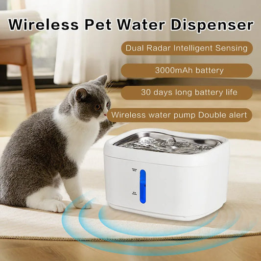 OYEpets 2.5L Wireless Cat Water Fountain 3000mAh Battery Automatic Motion Sensor Ultra Quiet Dispenser Dog Water Dispenser
