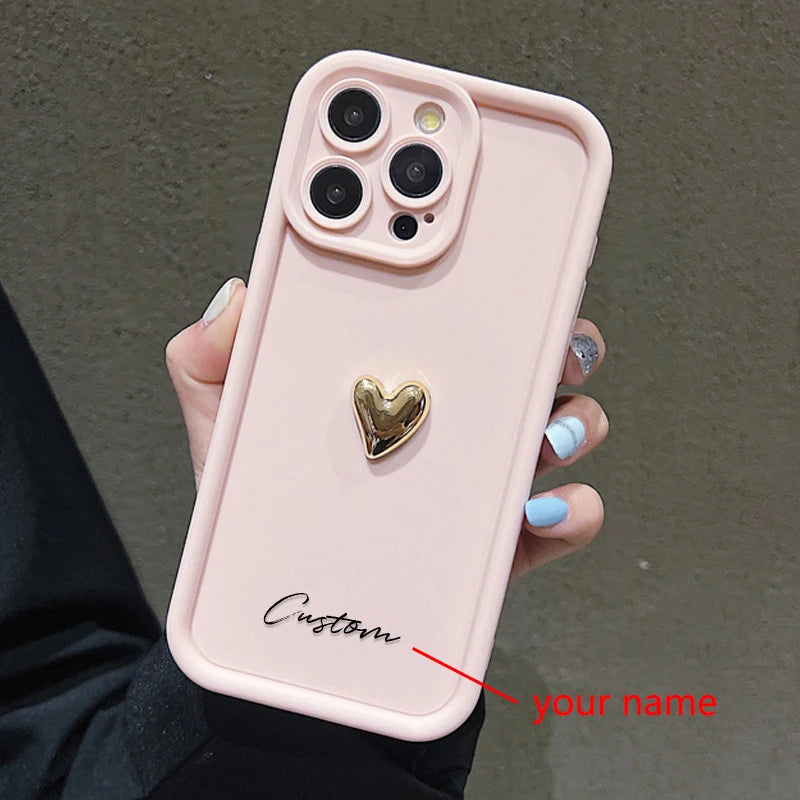3D Gold Love Heart Personalized Custom Name Case For iPhone 16 15 14 13 12 11 Pro Max X XS XR 7 8 Plus Silicone Candy DIY Cover