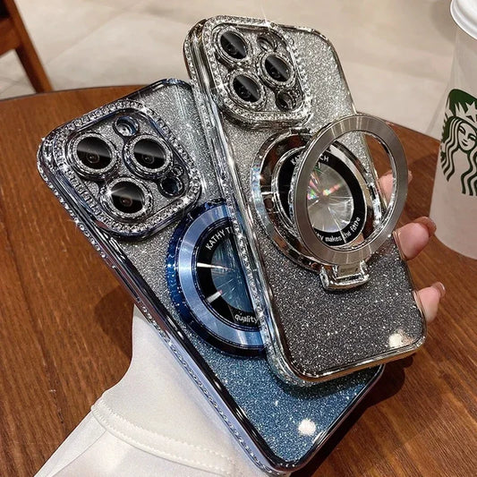 Luxury Glitter Rhinestone for Magsafe Bracket Case for iPhone 15 14 11 12 13 Pro Max Plus Bling Diamond Gradient Stand TPU Cover