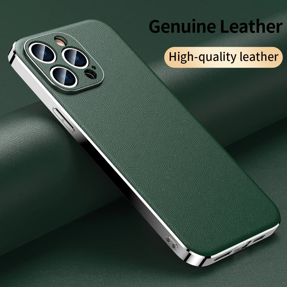 Genuine Cowhide Leather Phone Case for iPhone 16 15 11 12 13 14 Pro Max Luxury Plating Shockproof Lens Protection Back Cover