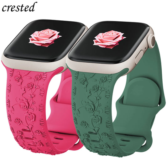 Silicone Strap for Apple watch band 40mm 44mm 45mm 41mm 49mm 38mm 42mm Floral Engraved bracelet iWatch Series 9 8 7 6 SE ultra 2