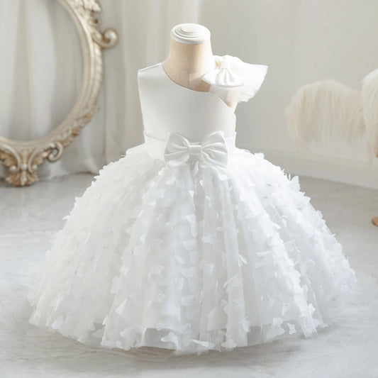 Butterfly Baby Girls White Baptism Party Dress Infant Bow Tulle 1st Birthday Gown Flower Princess Dress Wedding Prom Kids Clothe