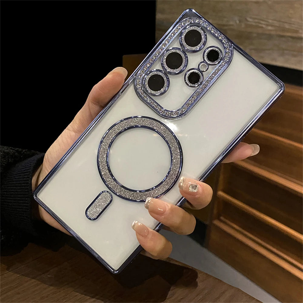 Transparent Plating Glitter Rhinestones Diamond for Magsafe Magnetic Case for Samsung S24 S23 S22 Ultra Plus Soft Silicone Cover
