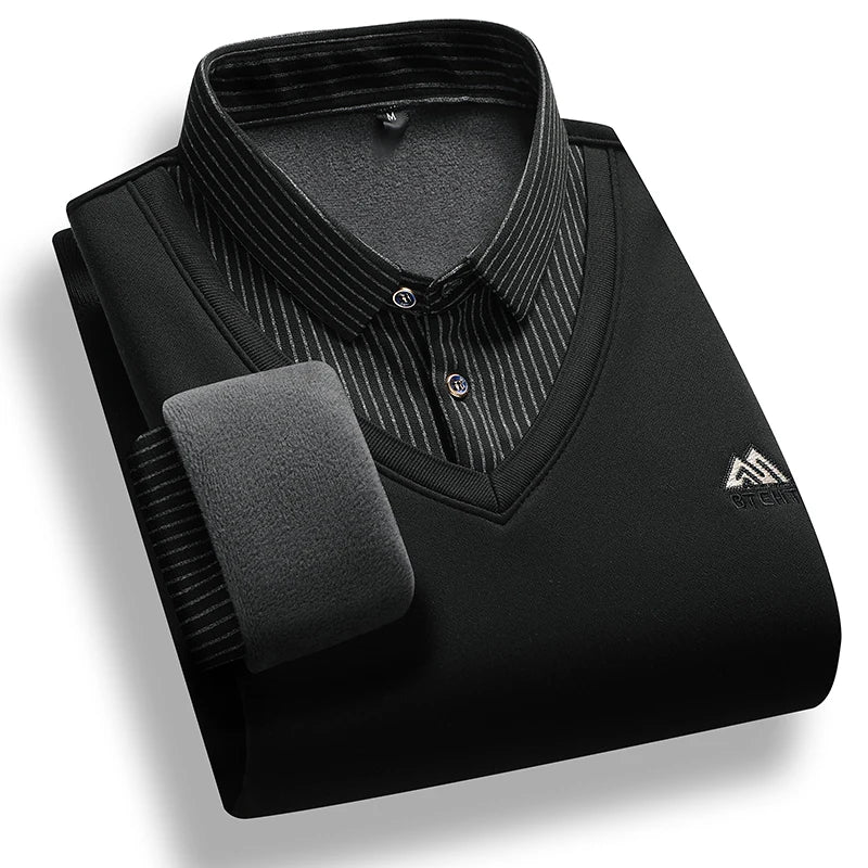 Retro Winter Pullovers Men Polo Neck Sweaters Fashion Striped Fleece Lined Polo Shirt Jumper Thick Knitting Sweaters