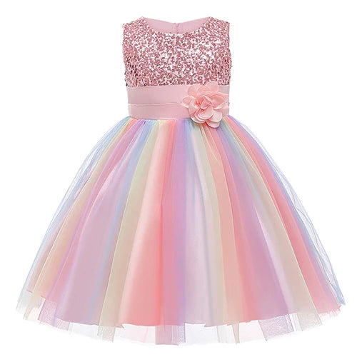 2025 Sequins Girls Dress Summer Flower Fashion Rainbow Mesh Little Princess Dresses For Piano Performance Costume Kids Clothes
