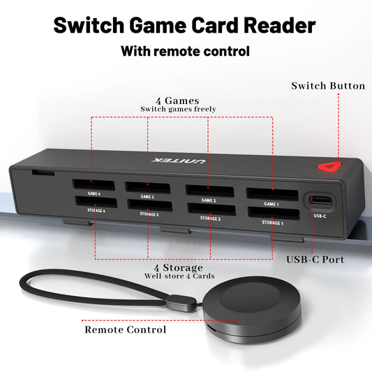 Unitek Switch Game Card Reader 1 in 4 Switch Cards Switcher with Remote Controller Multiple Game Cards Holder with Quick Switch