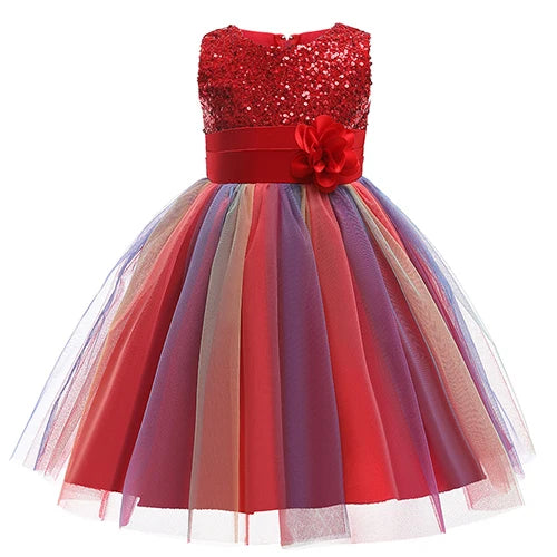 2025 Sequins Girls Dress Summer Flower Fashion Rainbow Mesh Little Princess Dresses For Piano Performance Costume Kids Clothes