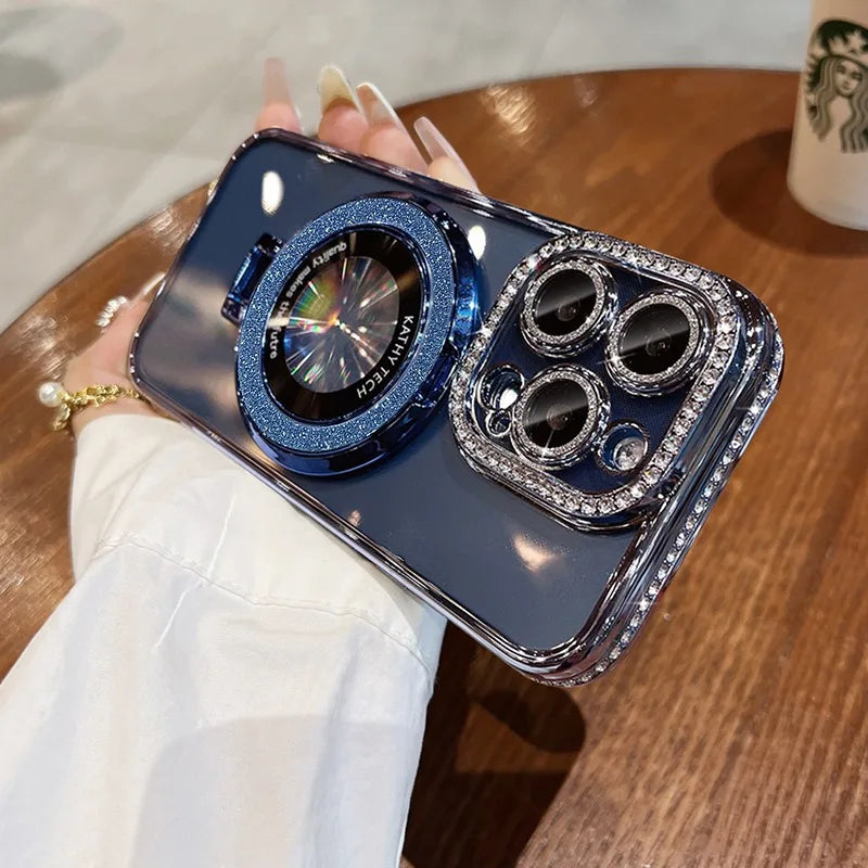 Luxury Glitter Rhinestone for Magsafe Bracket Case for iPhone 15 14 11 12 13 Pro Max Plus Bling Diamond Gradient Stand TPU Cover
