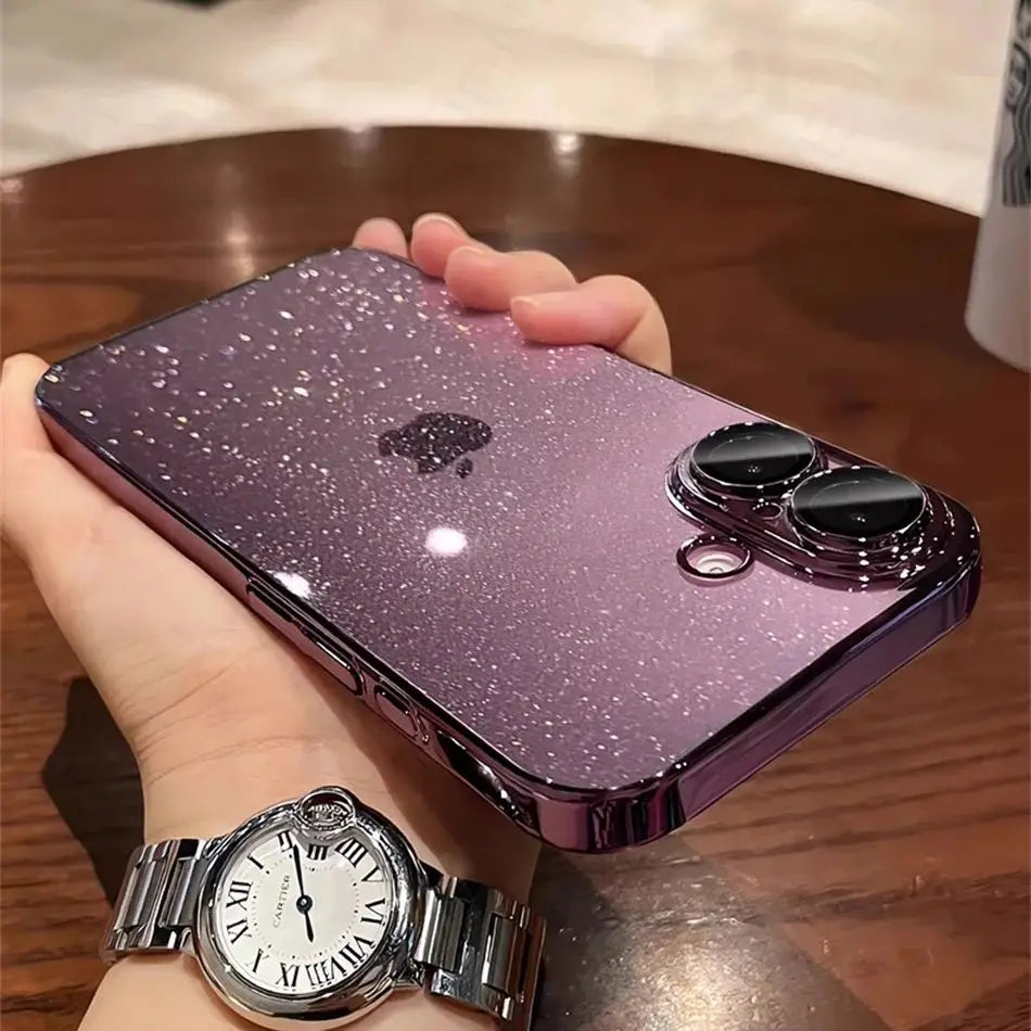 Luxury Bling Glitter Clear Slim Case For iPhone 16 15 14 13 12 Pro Max Shockproof Plating Bumper Desert Gold Transparent Cover