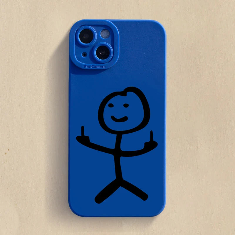 Blue phone case with a black stick figure design on a beige background