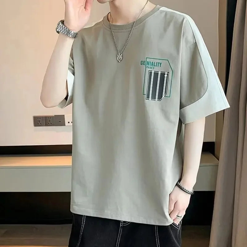2025 Summer New Men's Short Sleeve T-Shirt Hong Kong Style Loose Fit Versatile Ice Silk Thin Clothing Youth Trendy