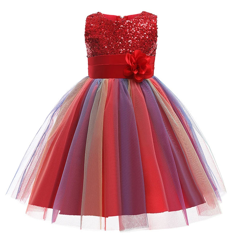 2025 Sequins Girls Dress Summer Flower Fashion Rainbow Mesh Little Princess Dresses For Piano Performance Costume Kids Clothes