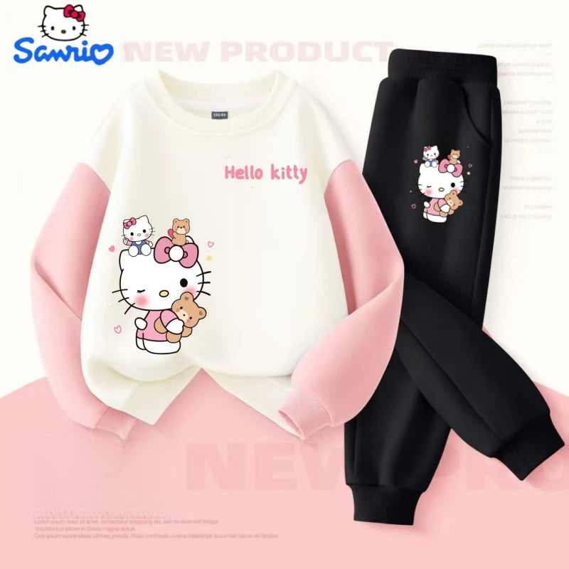 Sanrio Autumn Baby Girls Clothes Set Kid Hello Kitty Printed Sweatshirts Pullover Top & Pants 2pcs Children Patchwork Tracksuit