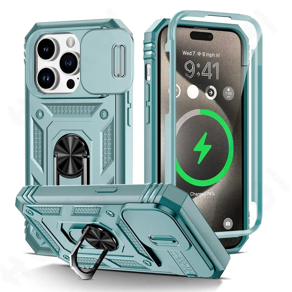 Case For iPhone 16 15 14 13 12 11 Pro XS Max XR Plus Camera Slide Military Grade Armor Protection 360 Degree Rotate Armor Cover