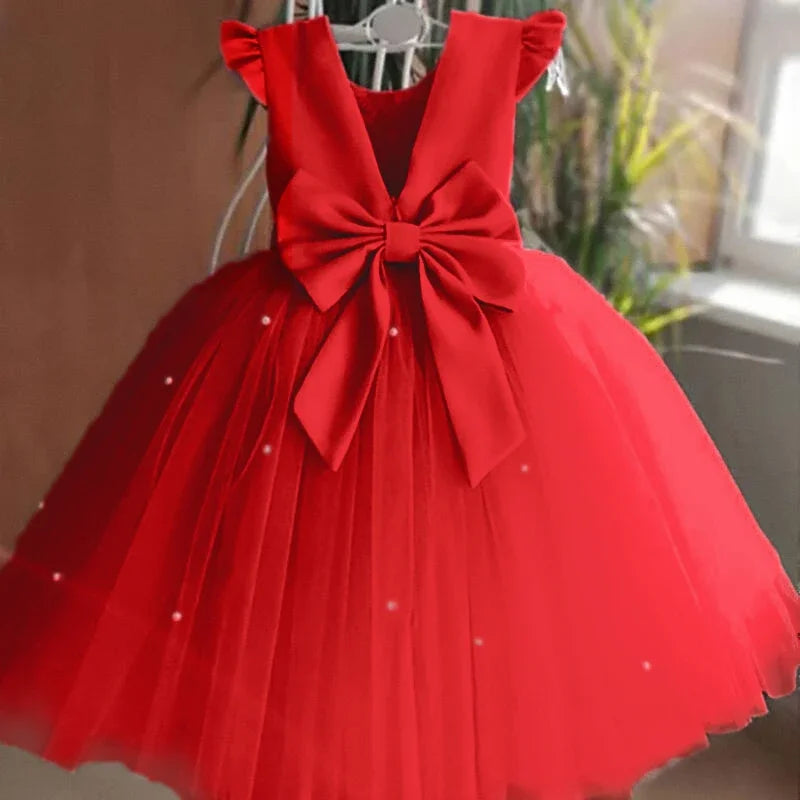 Toddler Girl Flower Birthday Tulle Dress Backless Bow Dressing Gown Kids Party Wear Princess Pink Dress Baby Girl Bowknot Dress