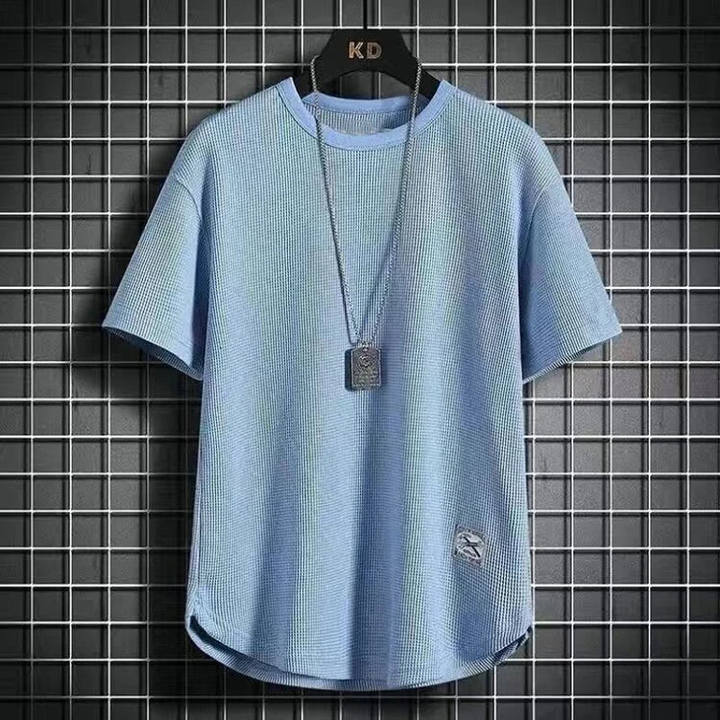 Men's Summer Trendy Simple Casual Short Sleeve T-shirts Y2K Harajuku Streetwear Appliques Tees Black White Round Neck Loose Tops