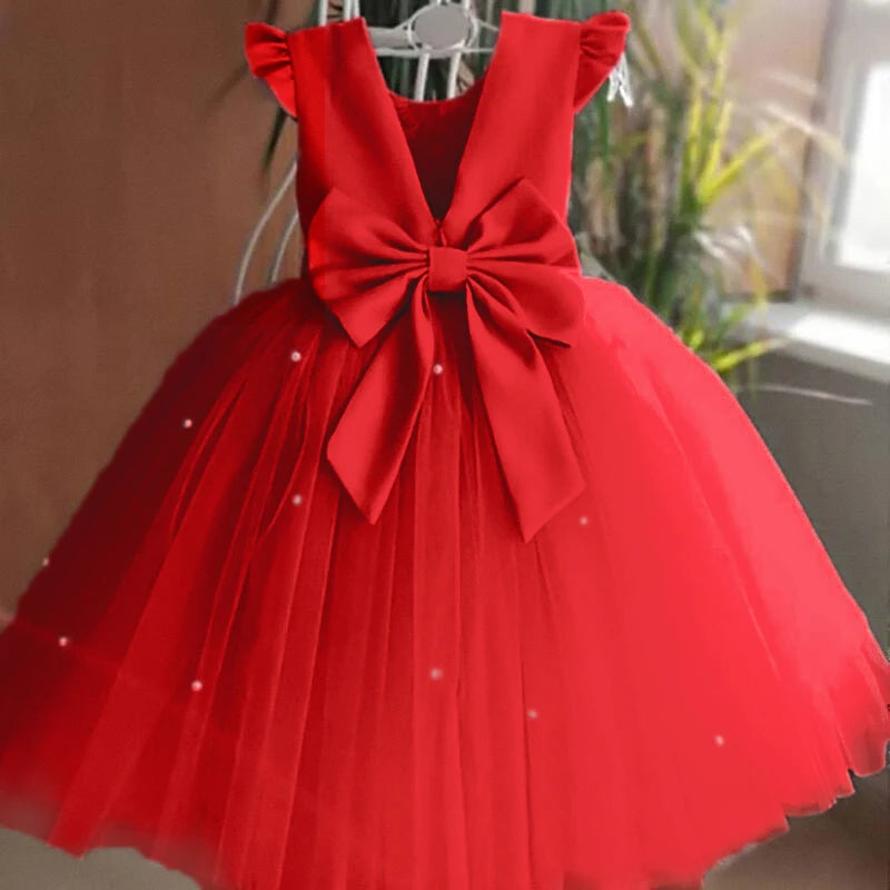 Toddler Girl Flower Birthday Tulle Dress Backless Bow Dressing Gown Kids Party Wear Princess Pink Dress Baby Girl Bowknot Dress
