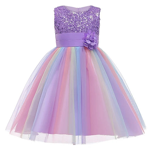 2025 Sequins Girls Dress Summer Flower Fashion Rainbow Mesh Little Princess Dresses For Piano Performance Costume Kids Clothes