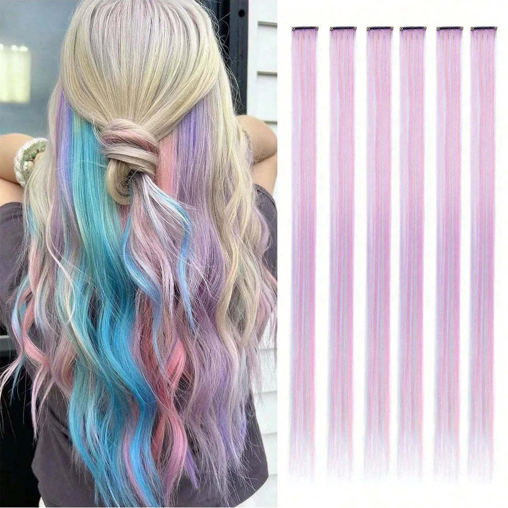 Clip in Hair Extensions 6pcs/pack Colored Party Highlights 22 inches Multi-colors Straight Hair Synthetic Hairpieces Purple Pink