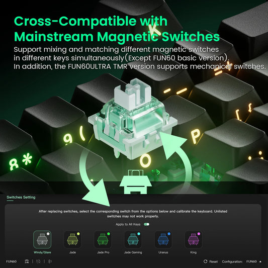 Akko MonsGeek FUN60 magnetic switch keyboard. Closeup showing green magnetic switch and compatibility UI