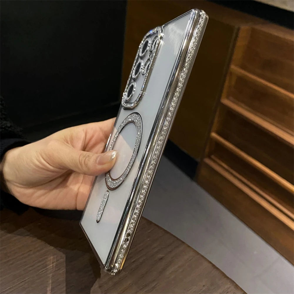 Transparent Plating Glitter Rhinestones Diamond for Magsafe Magnetic Case for Samsung S24 S23 S22 Ultra Plus Soft Silicone Cover