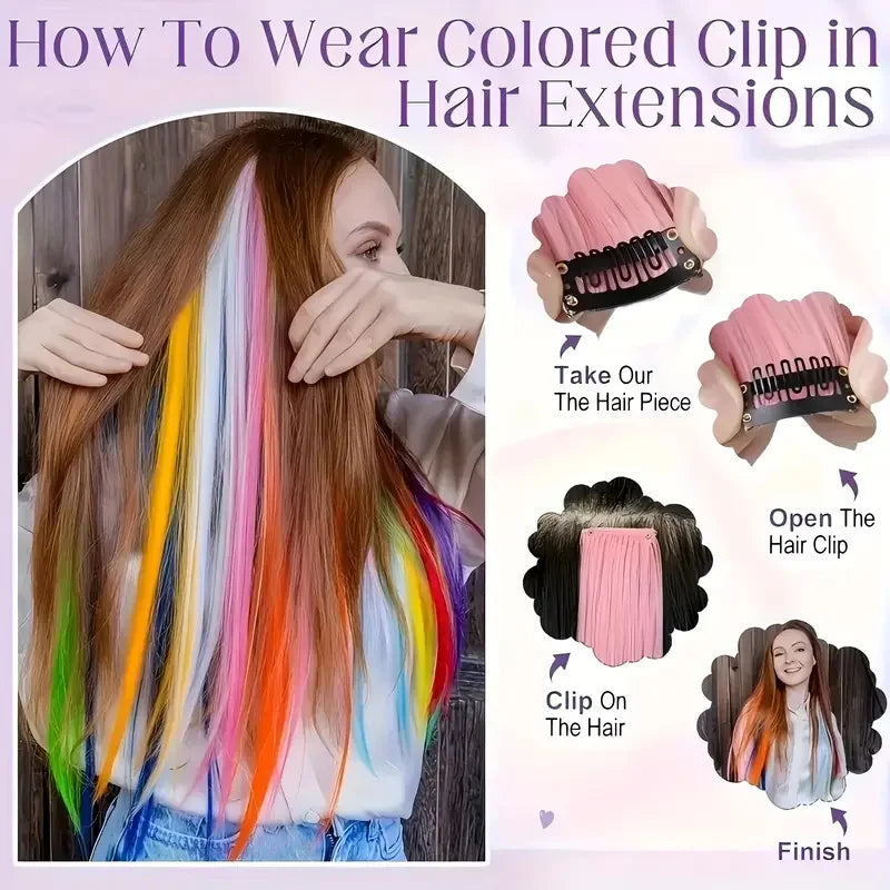 22Inch Colored Party Synthetic Clip in Hair Extensions for Girls Multi-colors Long Straight Hair Rainbow Hairpieces
