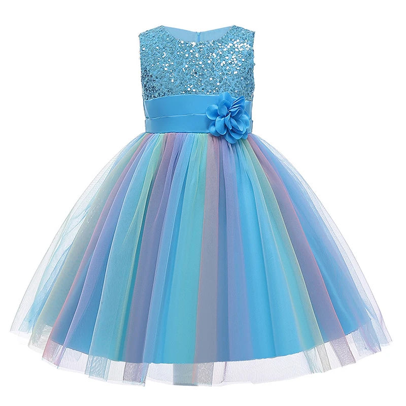 2025 Sequins Girls Dress Summer Flower Fashion Rainbow Mesh Little Princess Dresses For Piano Performance Costume Kids Clothes