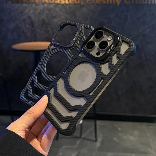 Frameless Fiber Pattern Logo Hole Hollow Magnetic Case for iPhone 12 13 14 15 16 Pro Max Magsafe Lens Stand Flip Bracket Cover