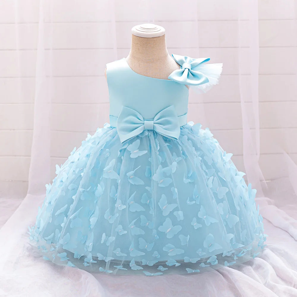 Butterfly Baby Girls White Baptism Party Dress Infant Bow Tulle 1st Birthday Gown Flower Princess Dress Wedding Prom Kids Clothe