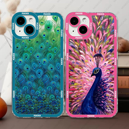 Case For iPhone 16 15 14 13 Pro Max 12 Mini 11 XS X XR SE 7 8 Plus Soft Cover Peacock Pattern