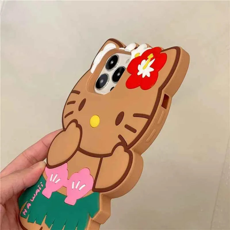 Kawaii Hello Kitty Phone Case For iPhone 17 16 15 14 13 12 11 Pro Max Plus 17 Pro Hawaiian Hula Skirt Kitty Silicone Phone Cover